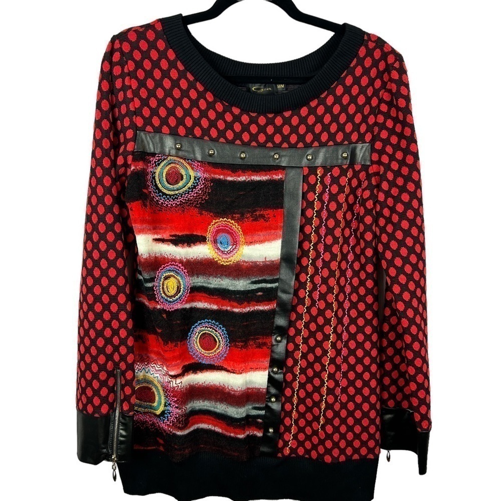 Goa Artsy Embroidered Polka Dot Faux Leather Detail Sweater Medium Red Black